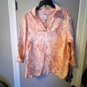SALE Rachel Zoe 1X linen shirt multi color peach and cream paisley